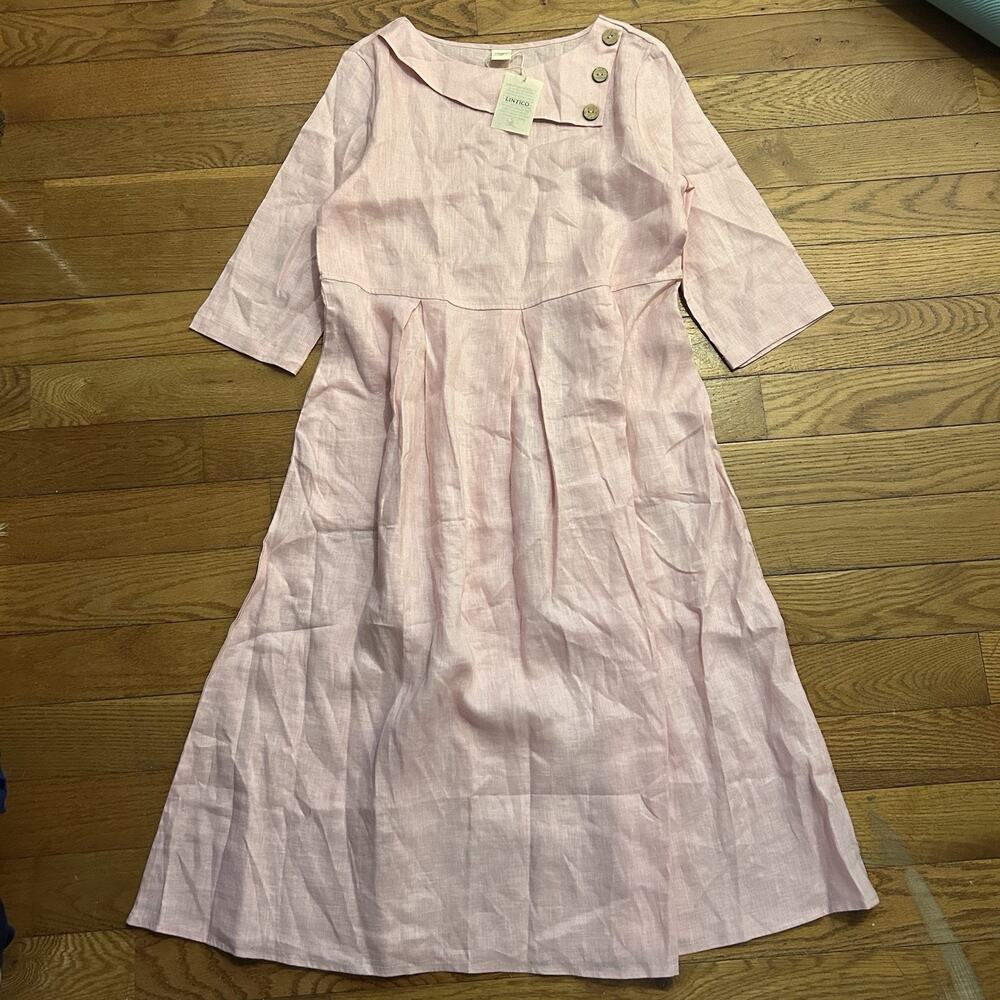 NEW Lintico 100% Linen Gwyneth Crescent Neckline Pleated Pink Midi Dress Small